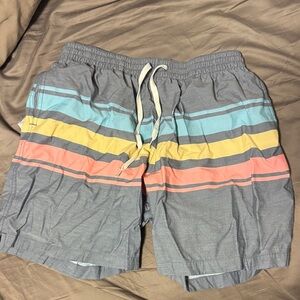 chubbies 7” Gray Swim Trunks with Blue, Yellow, and Coral Stripes